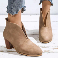 2023 New Women Boots V Cutout Ankle Boots Stacked Heel Booties Fashion Chelsea Boots PU Botas Zapatos Mujer SIze 35-42