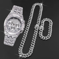 New Luxury Ice Out Diamond Watch Bracelet Necklace Men Women Miami Cz Cuban Chain Hip Hop Jewelry