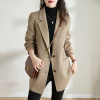 Wool Jacket for Women Fall Winter 2023 New Korean Fashion Long Sleeve Single Breasted Coats Office Ladies Blazer Jacket