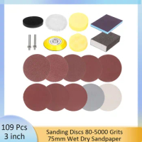 109Pcs 3Inch Sanding Discs 80-5000# Wet Dry Sandpaper with 1/4" Shank Backing Plate, Buffer &amp; Woolen Pad Kit, for Drill Grinder