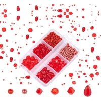 1000+ Red Glass Beads Kit Seed Bicone Imitation Jade Beads Charms Loose Beads Glass Spacer Beads with Elastic Crystal Thread