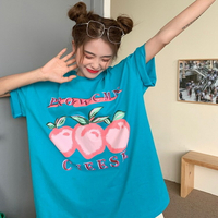 跨境水果印花短袖T恤女夏季新款韓版學院風寬松百搭湖藍色上衣女
