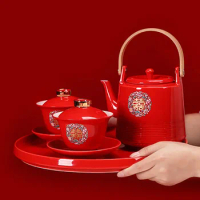 Chinese Wedding Supplies Red Ceramic Tea Set Teapot Gaiwan Set with Serving Tea Tray Wedding Party Souvenir Gift Porcelain