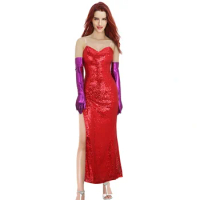 Who Framed Roger Rabbit Jessica Red Sequin Dress Costumes Halloween Carnival Dress Ladies Nightclub with Gloves