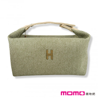 【Hermes 愛馬仕】大款 帆布 手提包/收納袋/化妝包(灰綠色)