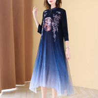 【糖潮】中國風印花假兩件漸層改良式旗袍洋裝-F