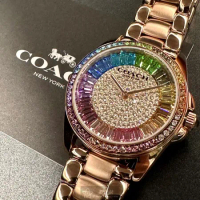 COACH36mm圓形玫瑰金精鋼錶殼彩虹錶盤精鋼玫瑰金色錶帶款CH00191