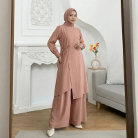 PROMO Samira One Set Atasan Kulot Linen Long Tunik Setelan Wanita Muslim Terbaru - Ping, L