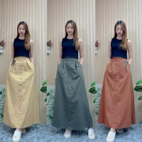 [Tiktok] กระโปรงยีนส์ทรงบานยาว 100ZQ สม็อคหลังกระเป๋าสองข้าง แต่งกระดุมหน้า