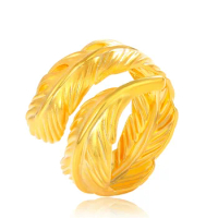24k Pure Gold Color Adjustable Feather Rings for Women fashion 999 Finger Rings Wedding Birthday Party Fine Jewelry Gifts