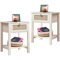 White Nightstand Set of 2, Wood Bedside Table Boho End Tables Side Tables with Storage Shelf