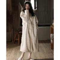 Korea Style Women's Winter Bathrobe Solid Long Sleeve Ladies Sleepwear Single Breasted Fleece Warm Thick Pajama for Female