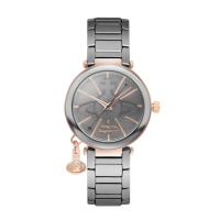 【Vivienne Westwood】霧灰面 經典LOGO 灰+玫瑰金框 不鏽鋼錶帶 小裝飾設計 女錶 手錶(VV067SLTI)