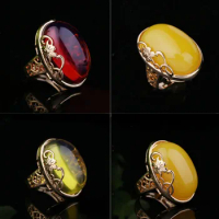 S925 Pure Silver Ring Natural Chicken Oil Yellow Honey Wax Amber Ring Blood Blue Pearl Ring Rose Gold Ruby Ring