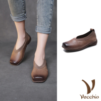 【Vecchio】真皮跟鞋 方頭跟鞋/全真皮頭層牛皮方頭V口復古跟鞋 休閒鞋 便鞋(豆沙)
