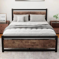 King Size Bed Frame with Wooden Headboard, Heavy Duty Metal Platform Bed Frame, No Box Spring Needed