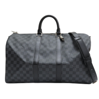 【二手名牌BRAND OFF】LOUIS VUITTON LV 路易威登 黑色 棋盤格 帆布 Keepall Bandouliere 45 兩用包 N41418