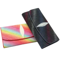Authentic Stingray Leather Mixed-Color Women's Long Trifold Wallet Genuine Skate Skin Lady Large Card Holder Female Clutch Purse
