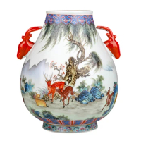 Ceramic Vase Antique Pastel Binaural Fu Barrel Porcelain Bottle Chinese Household Vase TV Cabinet Decoration