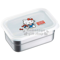 【小禮堂】Hello Kitty 方形塑膠蓋不鏽鋼便當盒《白銀.提袋》580ml.便當盒.餐盒