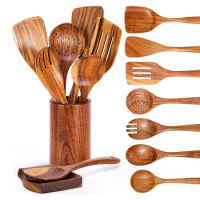 Wooden Spoons For Cooking, Wooden Utensils For Cooking With Utensils Holder, Teak Wooden Kitchen Utensils Set