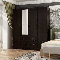 4 Door Wardrobe Armoire Closet with Mirror Door, Wooden Wardrobe Cabinet with 2 Drawers &amp; Hanging Rod, Bedroom Armoire Dresser