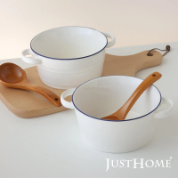 【Just Home】里尼陶瓷雙耳湯碗4件餐具組/900ml大容量/泡麵碗(湯碗+湯杓)