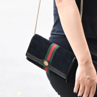 【GUCCI 古馳】WOC 經典綠紅綠織帶絨布手拿包長夾肩斜三用鍊包(黑)