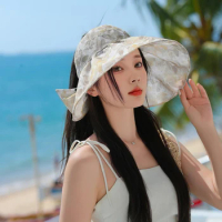 New Summer Elegant Flower Cloth Visor Hat for Women UV Protection Sun Hat Holiday Leisure Beach Cap