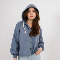 ALEA Hoodie Keren Crop Button Fleece Lembut Tangan Panjang Wanita Sweater