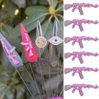 5Pcs Pinkkk Gun Metal Alloy Nail Charms 3D Crystal Rhinestone Decoration 27-33mm Flat Pink Punk Jewelry DIY Manicure Accessory*2