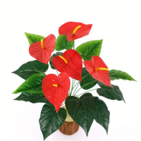 18fork/branch Red Anthurium Over Glue Simulation Green Plants Living Room Balcony Shopping Mall Decoration Fake Flower Ornaments