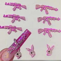 10pcs Pink 3D Crystal Rhinestones Gun Shape Punk Style Manicure DIY Nail Art Jewelry Alloy Metal Charms Decorations