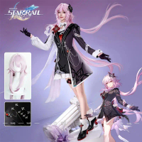 Honkai Star Rail Evernight character cosplay costume with wig, black coat, dress, earrings, complete