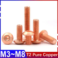 M3M4M5M6M8 T2 Pure Copper Round Socket Head Hexagon Socket Screw ISO7380 with High Conductivity Hexagon Machine Screw 1~10Pcs