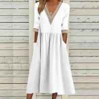 Gaun Wanita, Saiz Besar, Kasual, Longgar, Diperbuat daripada Kapas dan Linen, Rekaan Renda, Leher V,