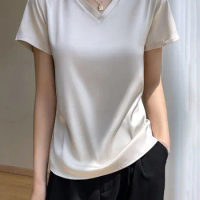 Solid Casual Women's T-Shirt Short Sleeve Silk Satin Surface V Neck Summer Top Loose Fashion Grey Ba