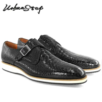 LUXURY MEN'S MONK SHOES BLACK BUCKLE STRAP SNAKE PRINT LEATHER DRESS SHOES OFFICE PARTY COMFORTABLE CASUAL SHOES FOR MEN