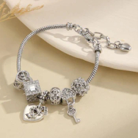 Obega Summer Love Heart Pendant Charm Bracelet Classic Pink White Crystal Stone Adjustable Bead Bracelet Silver Gold Color