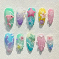 30 pieces of summer ocean dolphin press-on nails, purely handmade press-on nails