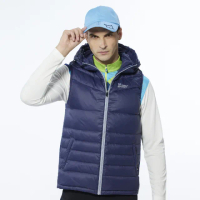 【Lynx Golf】男款保暖羽絨素面款脇邊羅紋設計無袖連帽背心(深藍色)