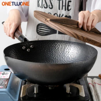 32cm Iron Wok Traditional High Quality Carbon Steel Wok Non-stick Woks Pan with Wood lid Kitchen Cookware for All Stoves