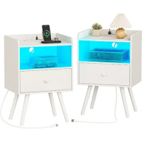 Nightstand with Charging Station and LED Lights, Bed Side Tables Set of 2, End Tables with Drawer, Side Stables