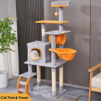 Cat Tree Full Cover Velvet Cloth Wooden Cat Tower Large Space Cat House Condo With Sisal Rope Cat Scratching Posts And Hammock