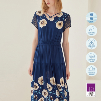 ILEY伊蕾 花卉印花拼接蕾絲袖縲縈洋裝(深藍色；M-XL)1232077446