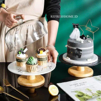 RFHOME Classic Cake Stand wadah tempat kue kaki kayu tutup kaca standing