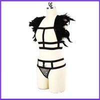 2018 sexy women black Feather Epaulette Bondage belt boho Lingerie vest angel wings Body Harness bra Festival Dance Rave Outfits
