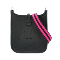 Hermes 展示品 Mini Evelyne TC牛皮銀釦桃藍背帶斜背包(黑)