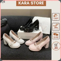 XUE Giày cao gót nữ giày búp bê cao gót 7p da bóng đế vuông ba màu đen trắng hồng giày sang chảnh TM