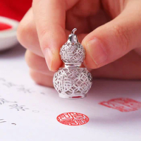 14mm Round Pure Silver Chinese Name Stamp Gourd Hollow Carved Keychain Car Pendant Diary DIY Hand Account Signature Metal Seals
